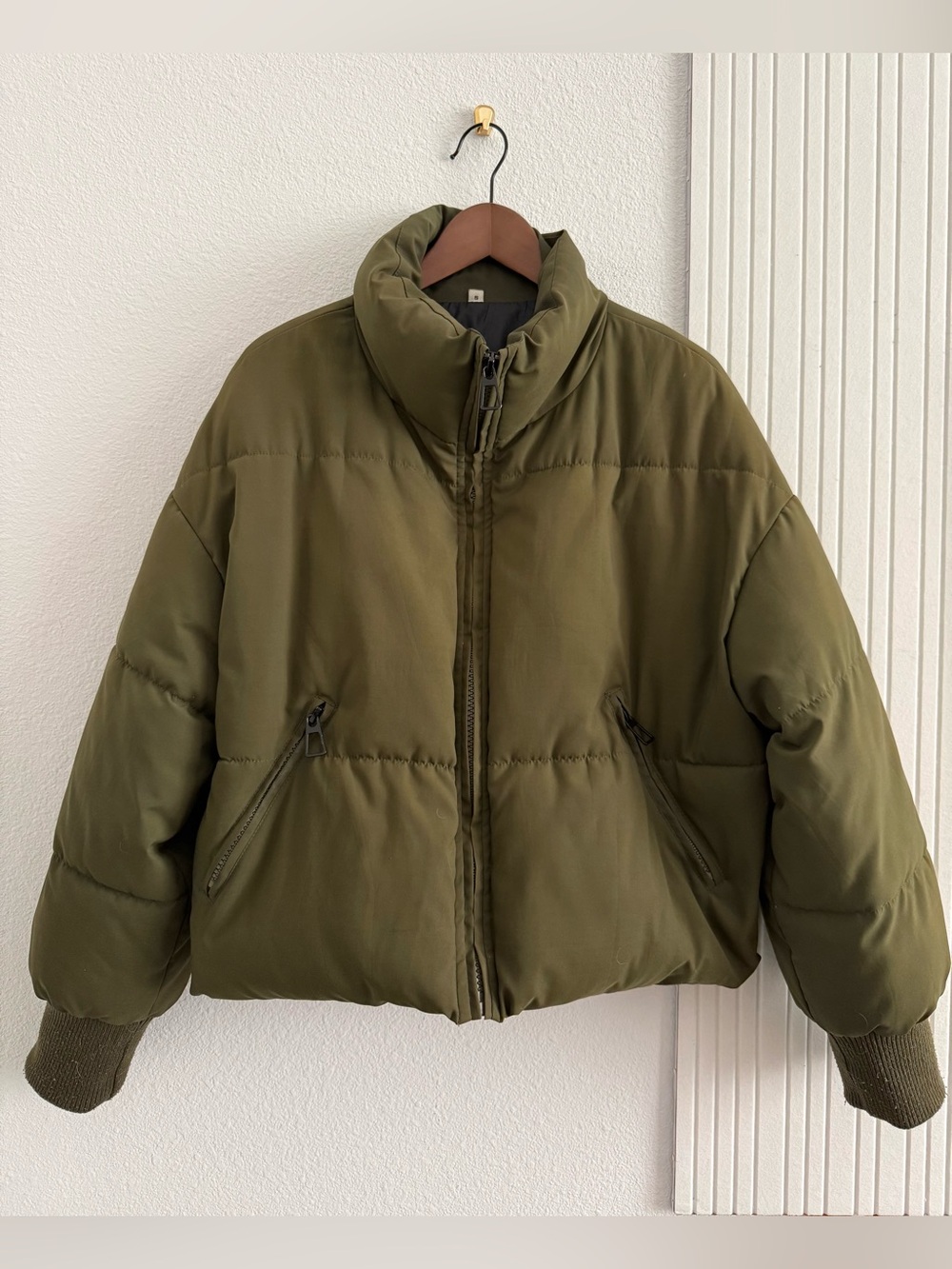 Olive Green Oversized Puffer Jacket Relaxed Fit, zipper pockets and drawstring